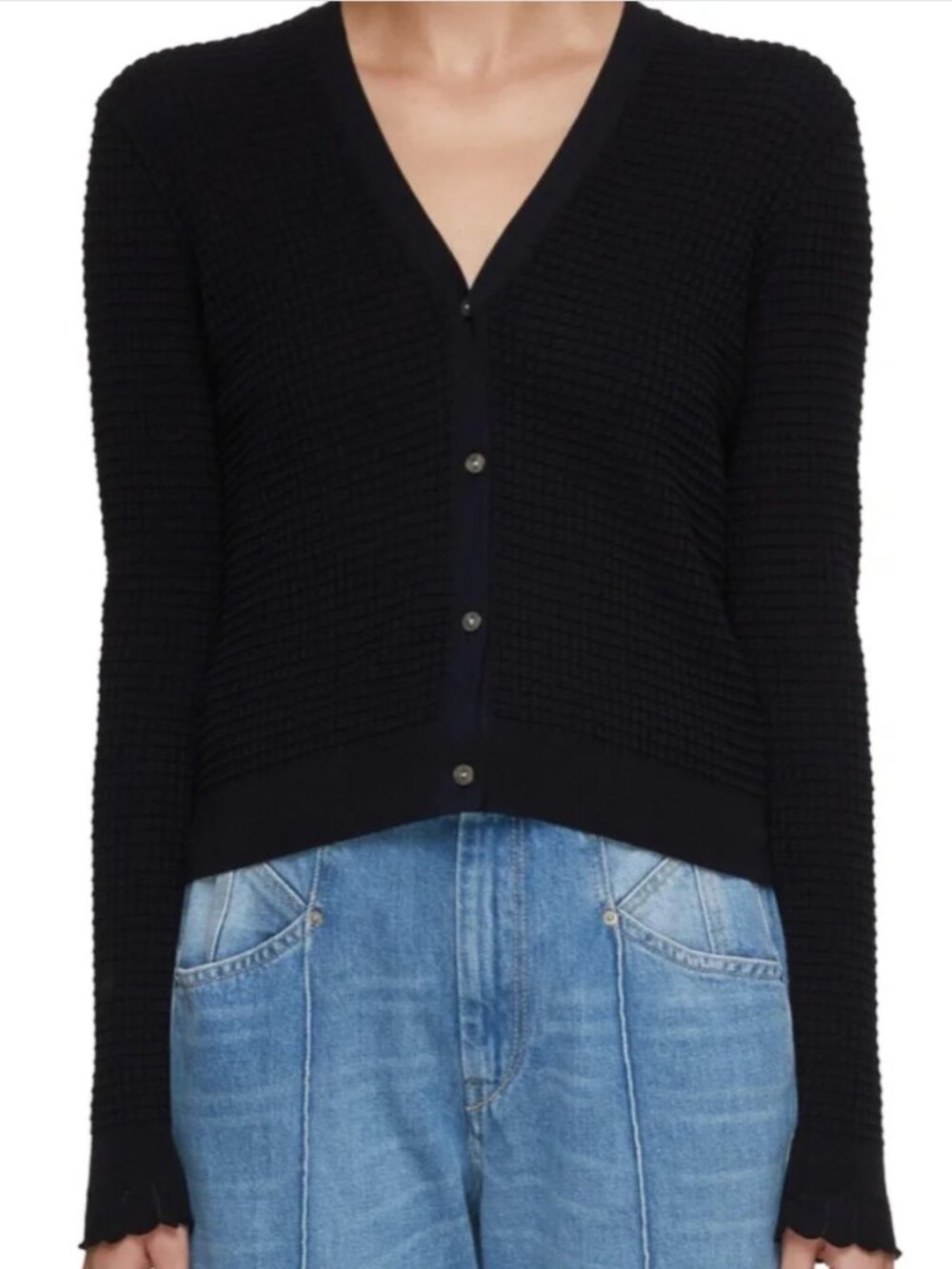 Theory Lace Trim Cardigan Navy Size P $325 V-Neck Long Sleeves Cotton